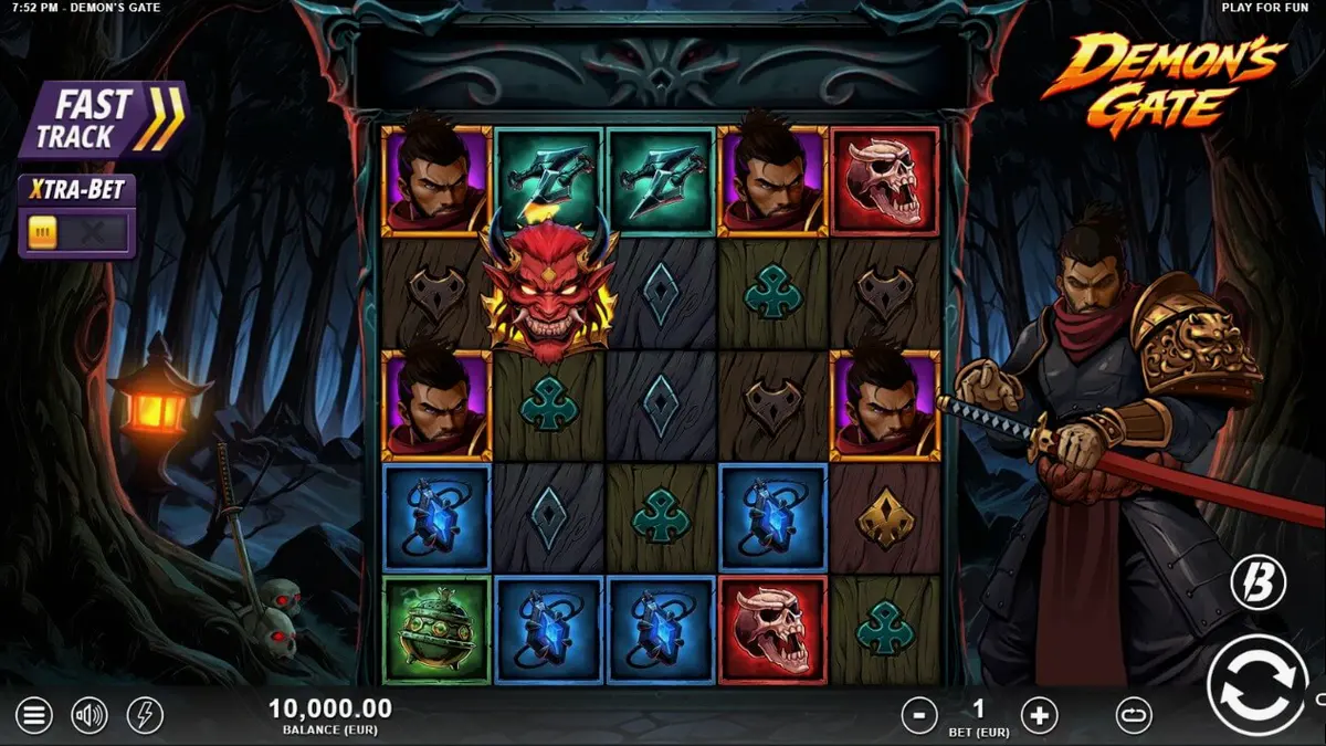 Isang samurai warrior na nakaharap sa isang mahiwagang portal sa Demon's Gate slot.