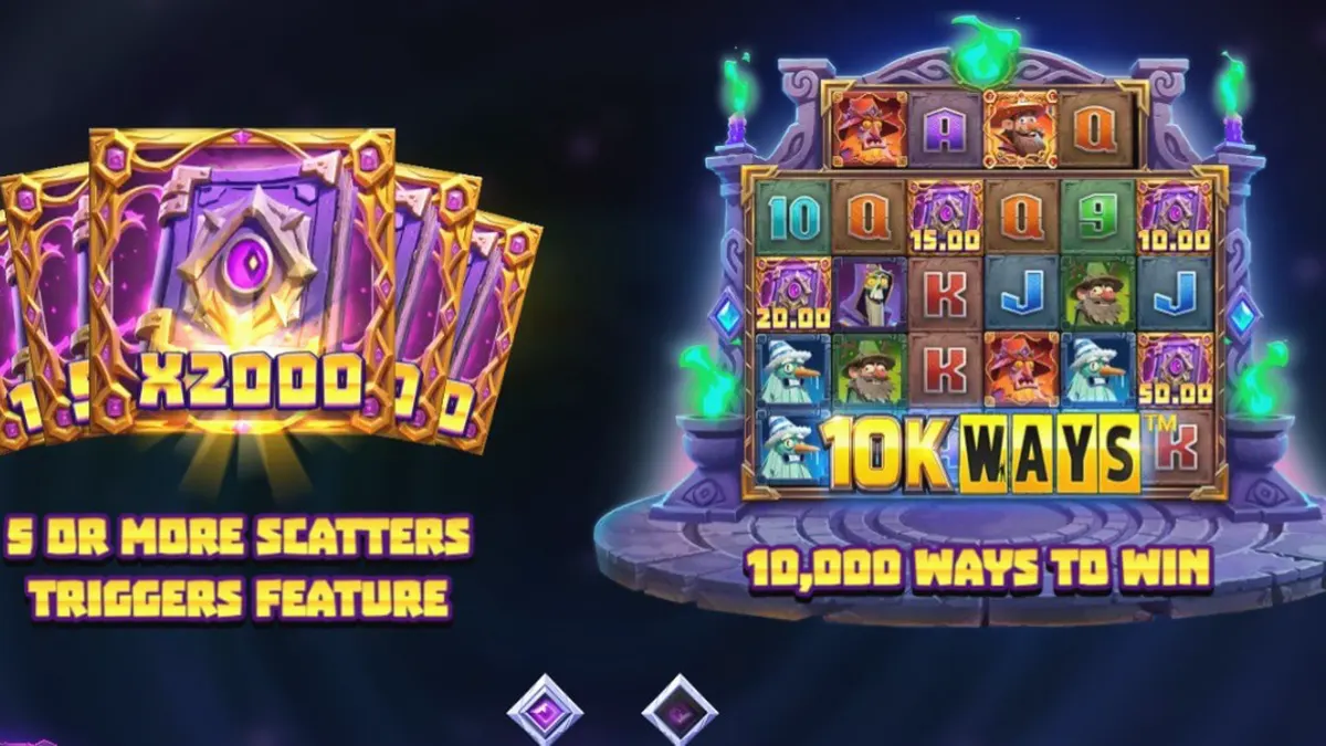 Wizbang Brawl 10K Ways slot game interface na may mga wizard at magic symbols