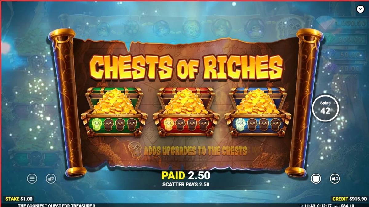 The Goonies Quest for Treasure 3 slot game interface featuring pirate treasure theme